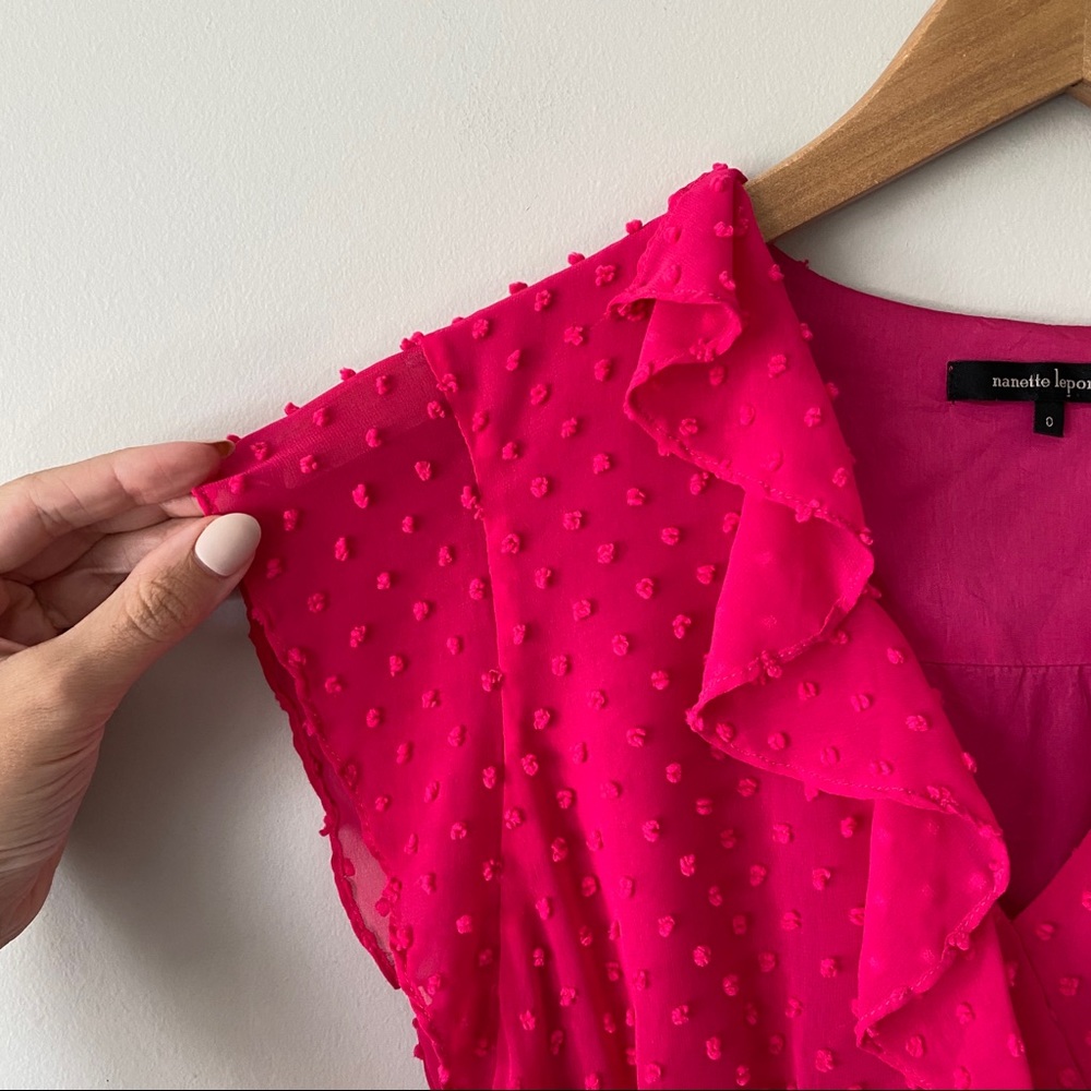 Nanette Lepore Fuchsia Swiss Dot Ruffle Faux Wrap Dress Hot Pink Size 0 - Picture 6 of 12